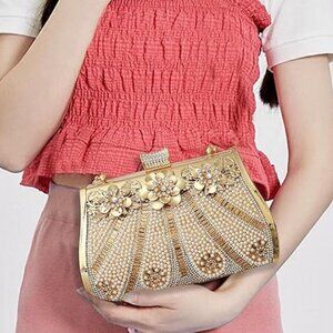 Neiman Marcus Glitter Clutch Rhinestone Bead Pearl Evening Bag